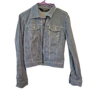 Norma Kamali Pinstripe Denim Jacket Zip Up Size Small